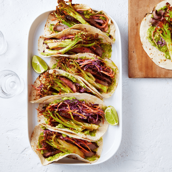 Air Fryer Mexican Cauli-blossom in tacos with gaucemole.