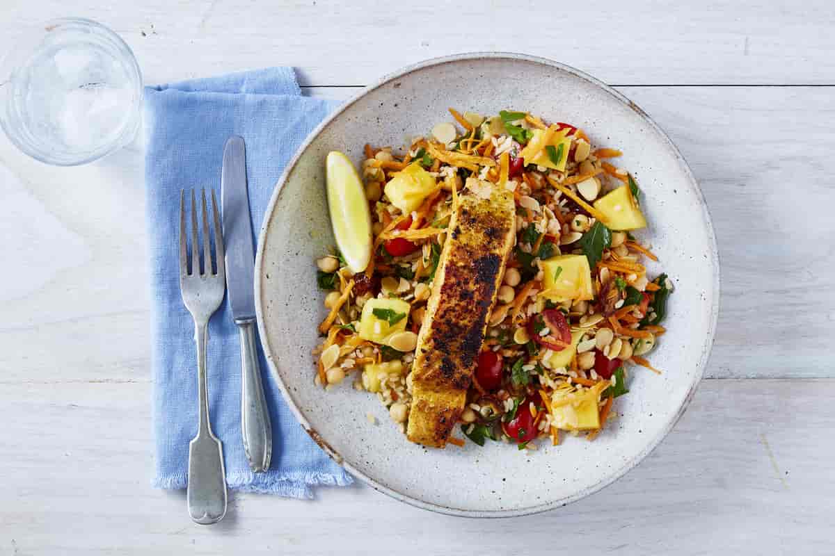 Calypso Mango and Moroccan Spiced Salmon with Brown Rice Salad