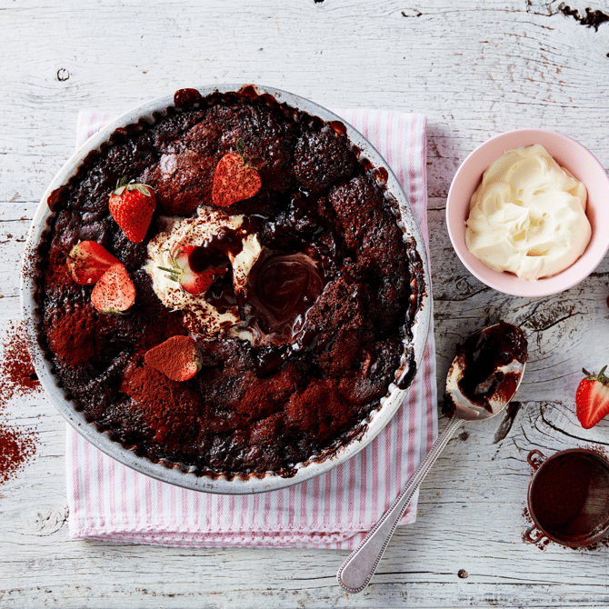 Chocolate Strawberry Self Saucing pudding in a cake tin 
