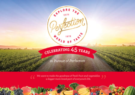 Celebrating 45 Years of Perfection logo on farm background and produce abundance