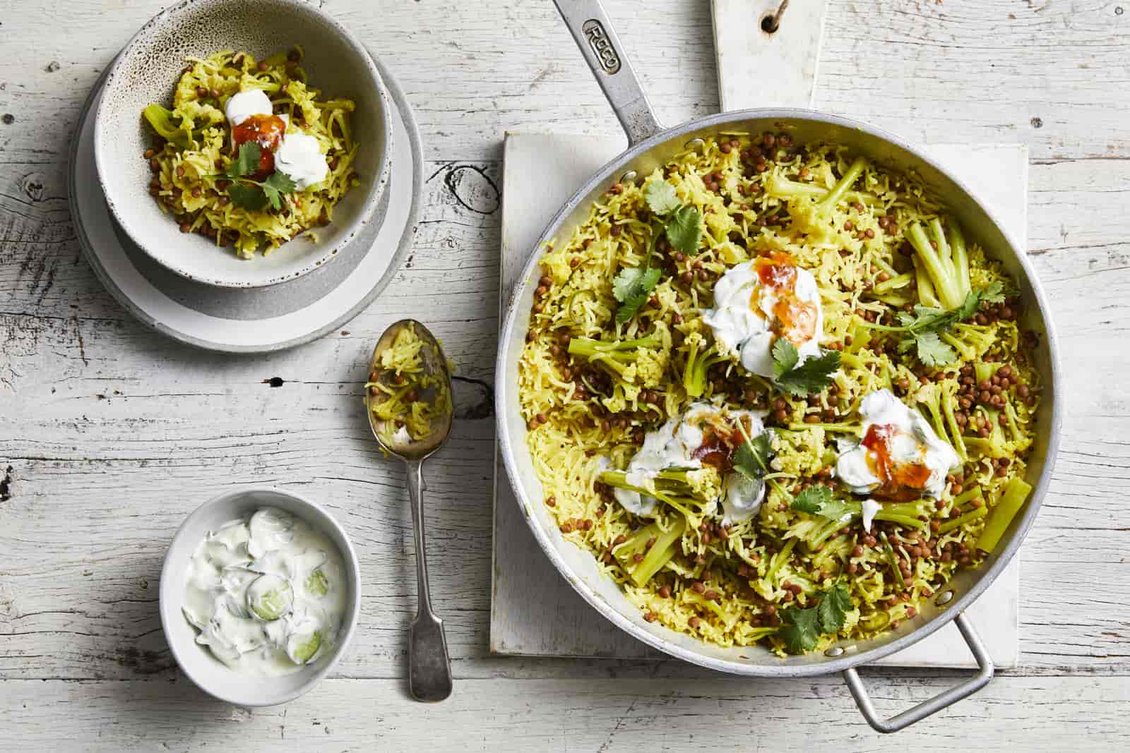 A dish of Indian Spiced Pilaf with Cauli-Blossom Fioretto added as a topping.