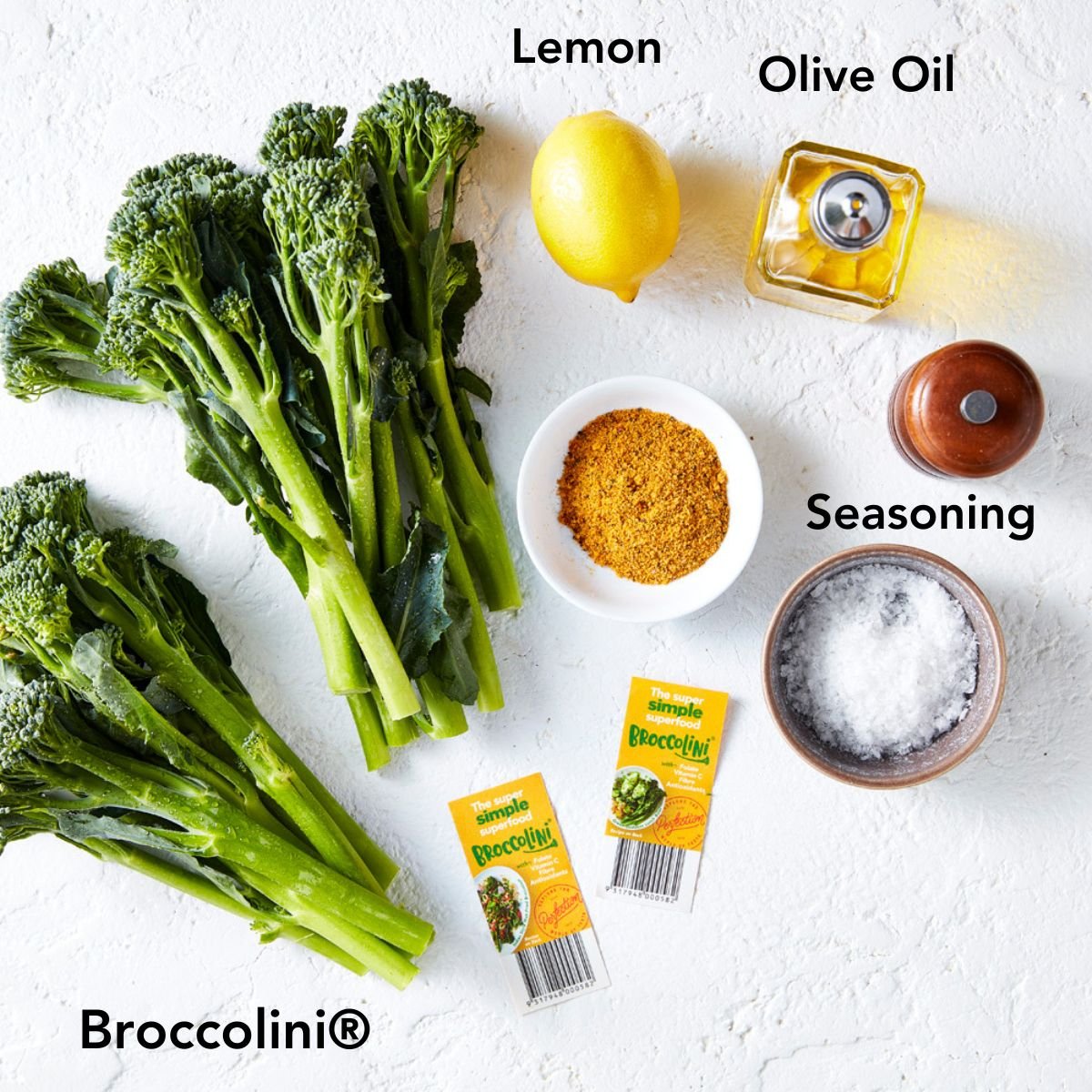 Ingredients laid out on a white board, and labelled. 