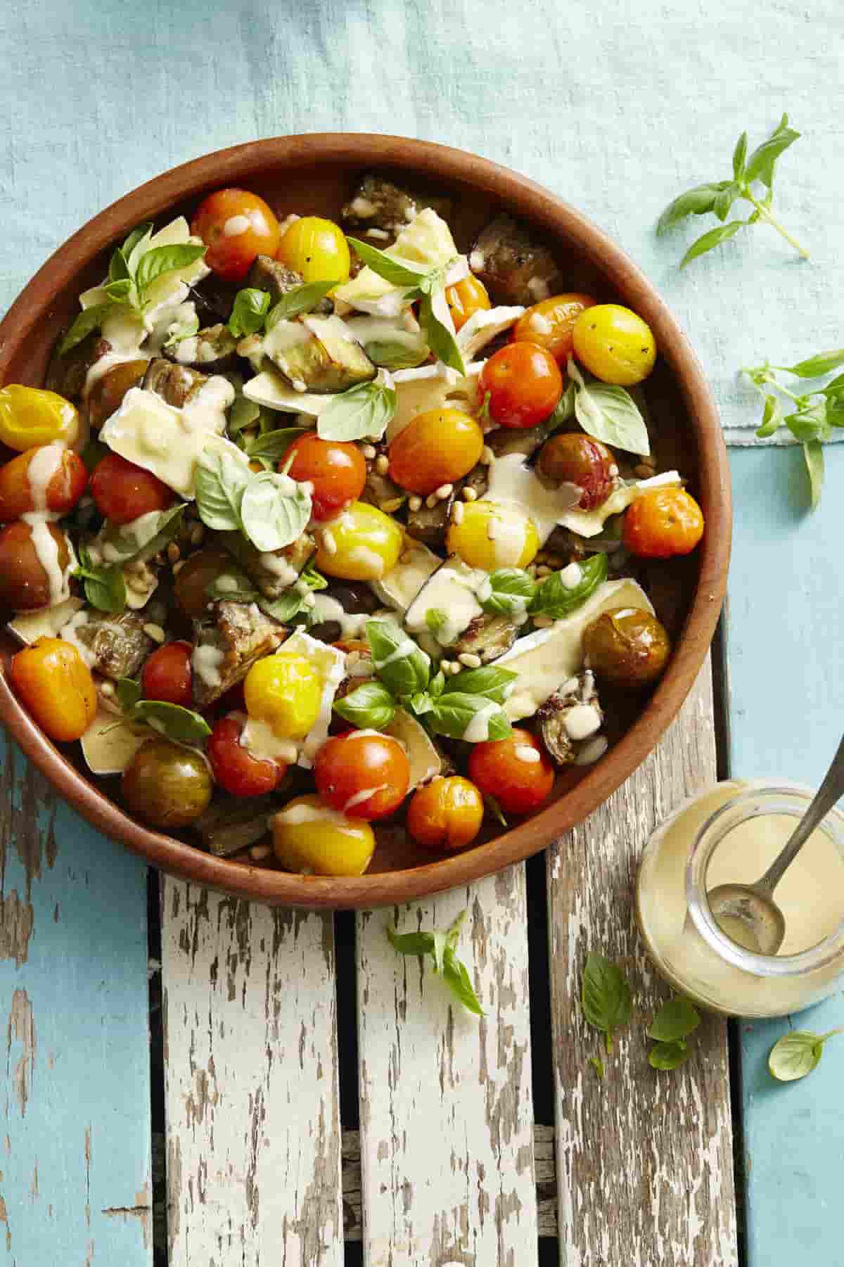 Medley of Tomatoes, Brie & Eggplant Salad in a Bowl.