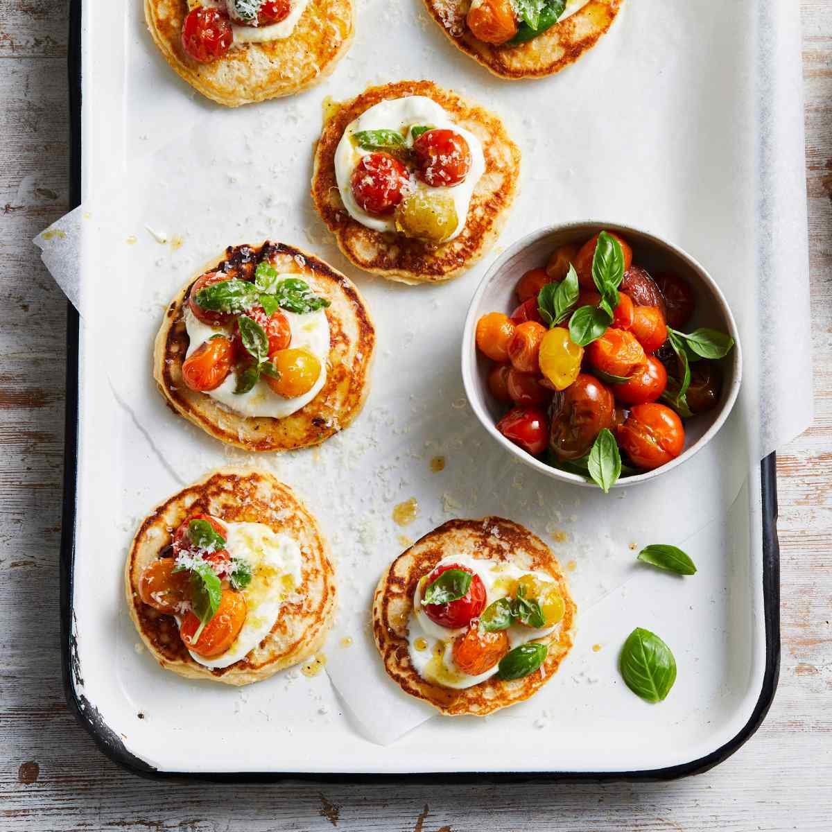 Mixamato_tomato medley_Parmesan Breakfast Pancakes With Blistered Medley Tomatoes