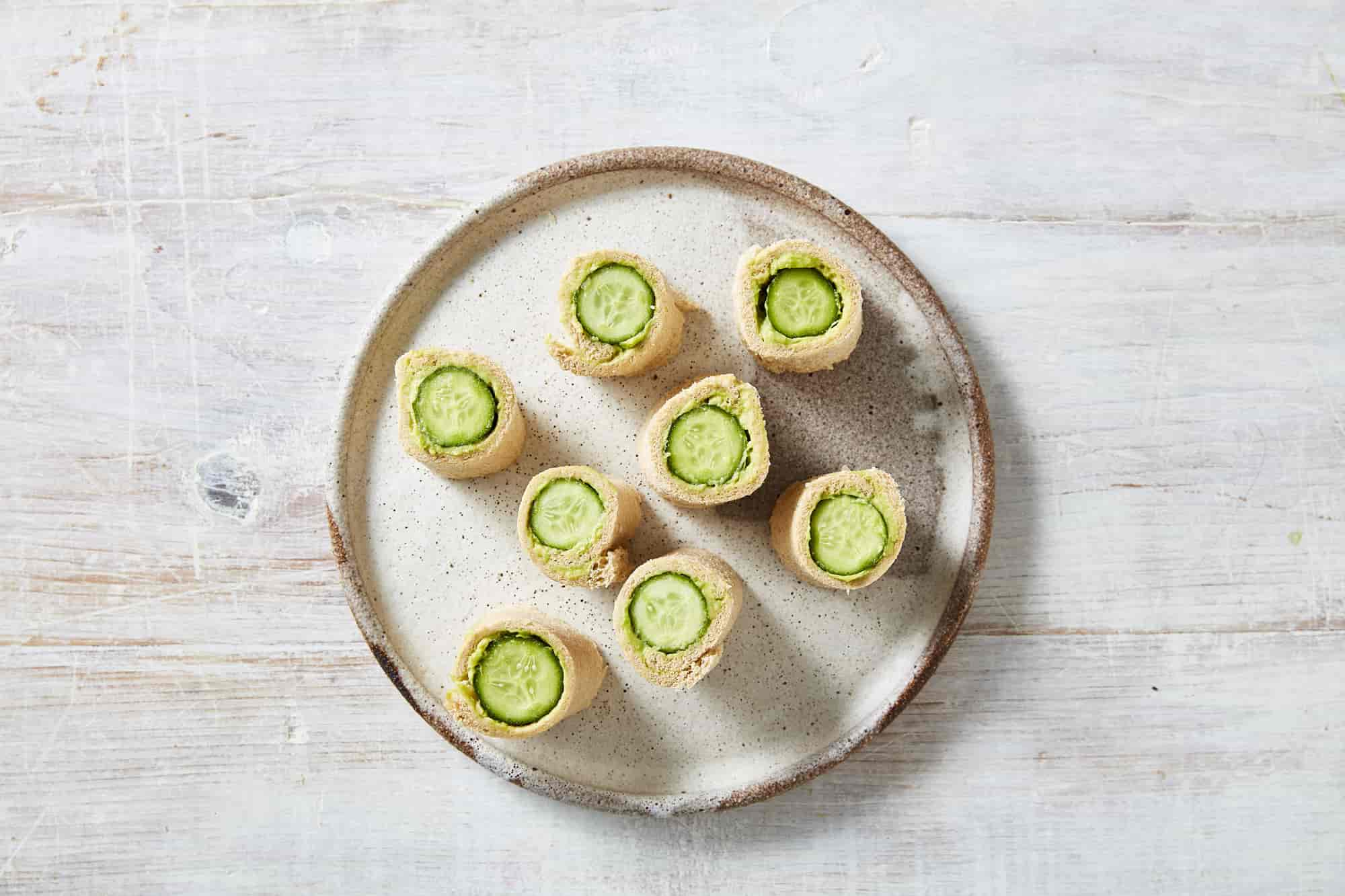 Sushi rolls with Qukes baby cucumbers and avocado in a plate. 