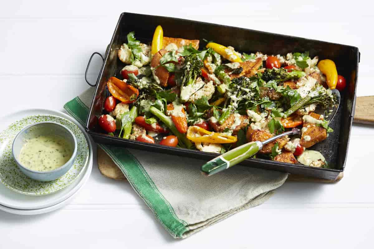 Roast Broccolini and Vegetable Salad served in a tray.