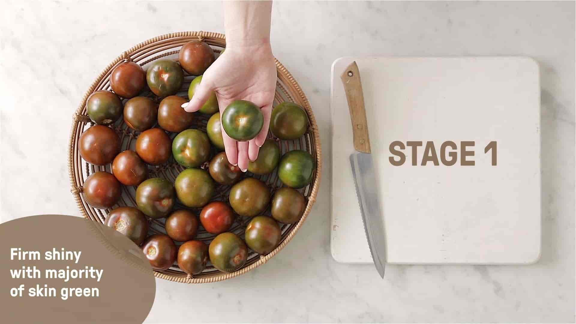 A hand holding a green kumato tomato over a basket of kumatoes.