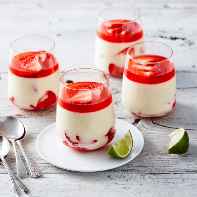 Strawberry Vanilla Panna Cotta individual servings in glass cups 