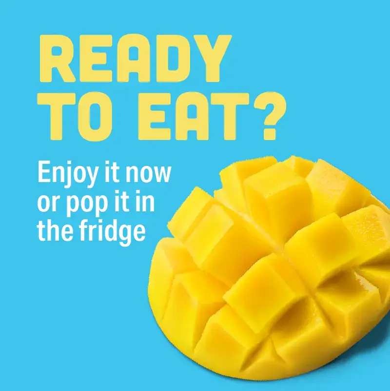 Cut Calypso mango ready to eat. Enjoy it now or pop it in the fridge.