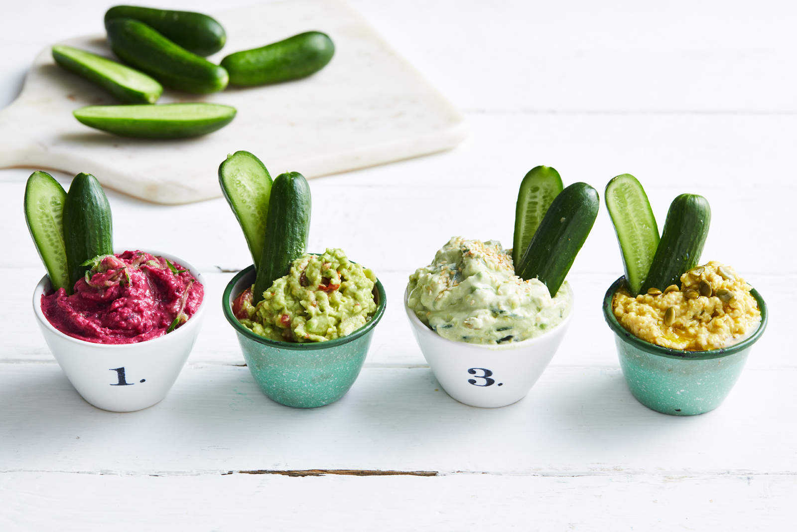 4 dips with Qukes baby cucumbers
