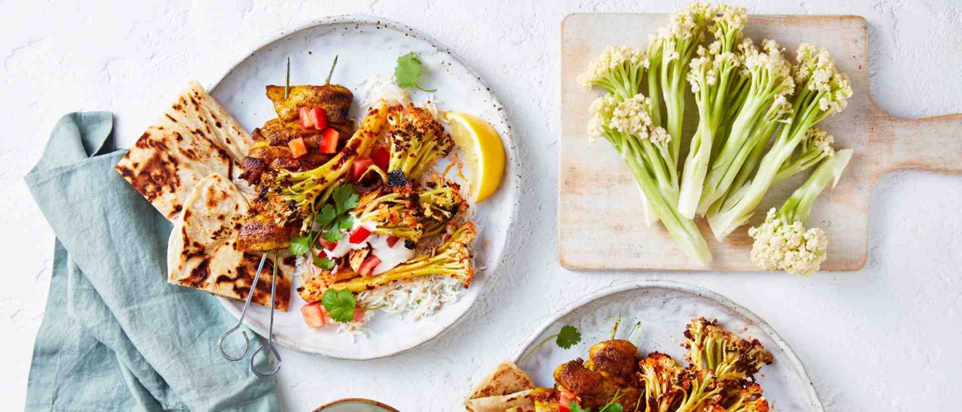 Tandoori Roasted Cauli-Blossom® with BBQ Chicken Skewers Recipe 