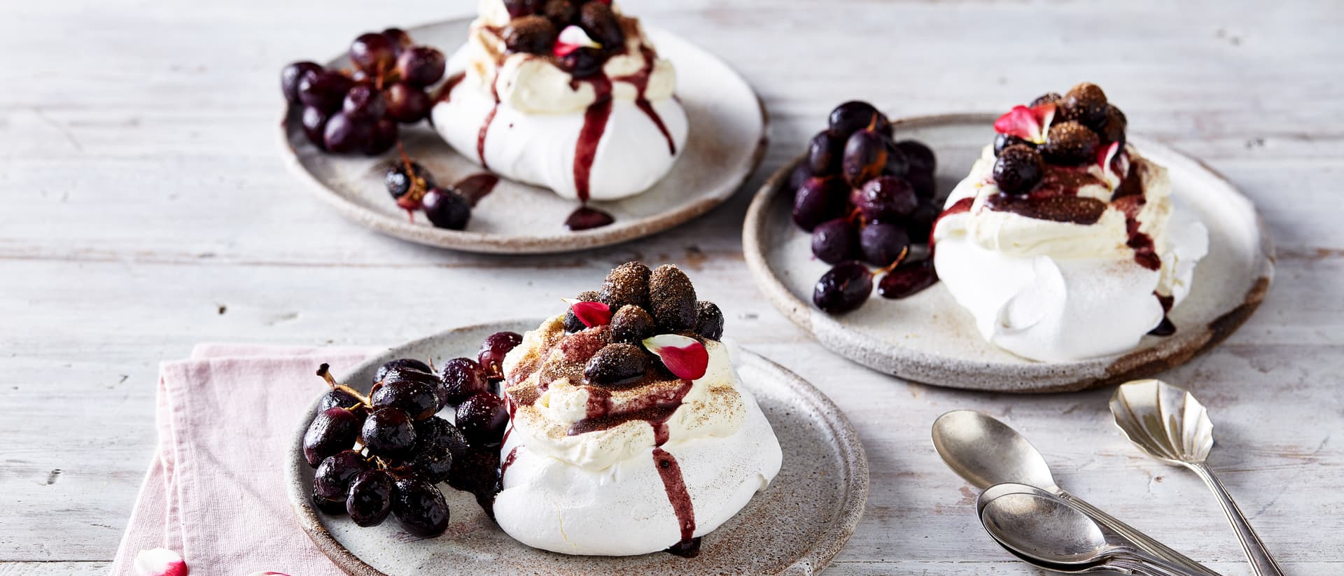 Pavlova Clouds with Cinnamon Sugar Roasted Midnight Beauty® Grapes Recipe