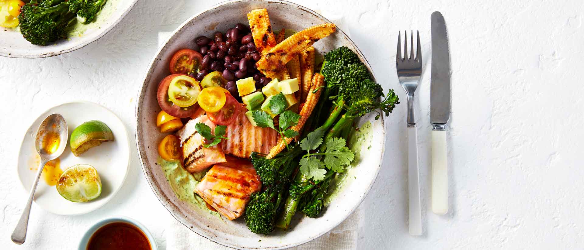 Barbecue Broccolini® with Salmon and Black Bean Salad Recipe