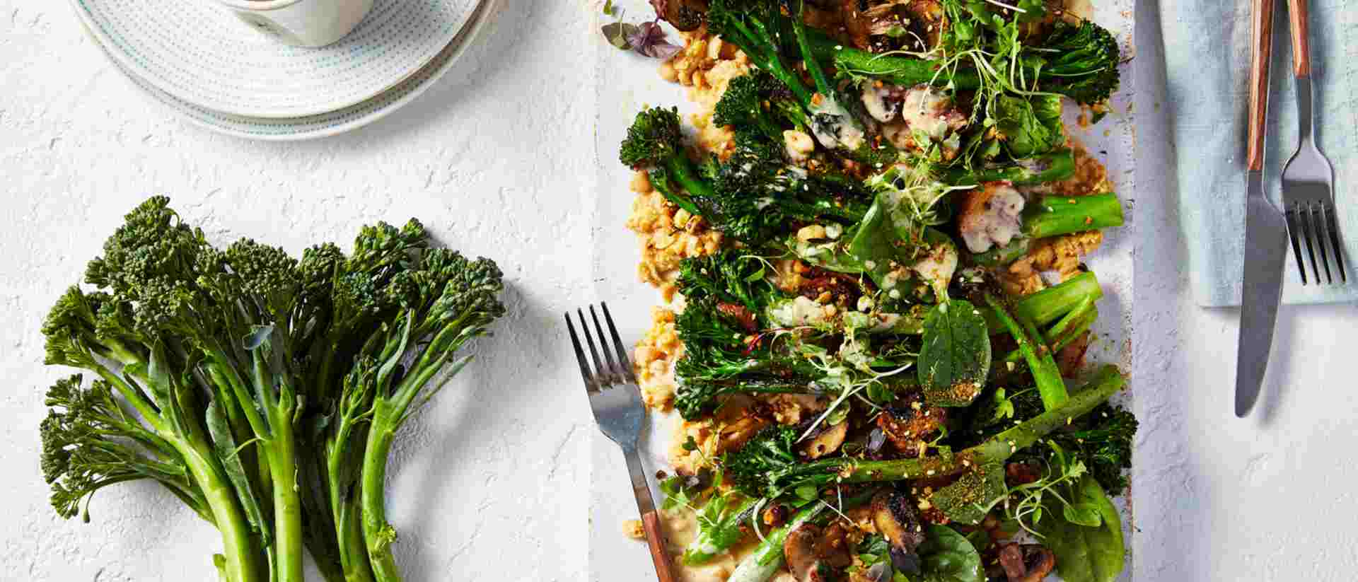 Dukkha Roasted Broccolini With Smashed Chickpeas And Tahini Dressing