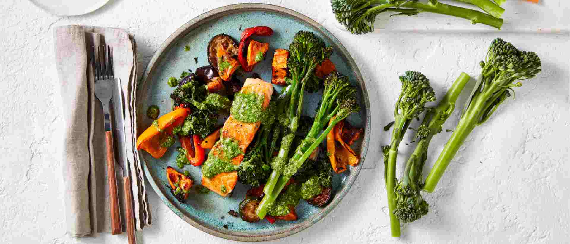 Oven Baked Broccolini And Crispy Salmon