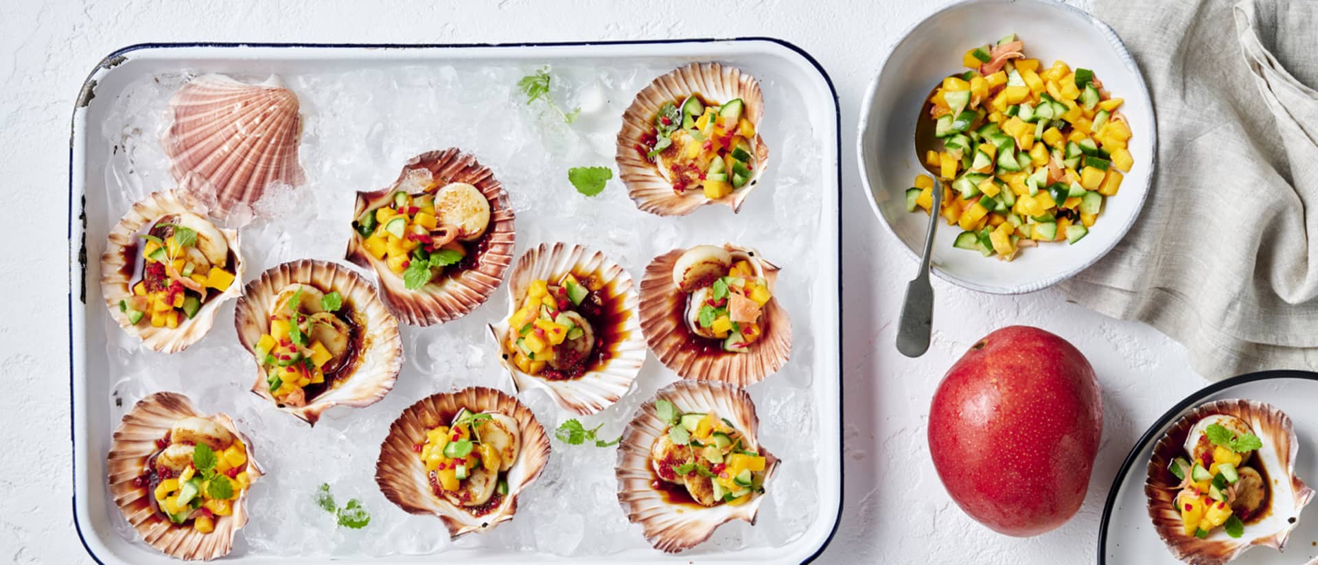 Seared Scallops with Scarlet Delight® Mango, Qukes® and Pickled Ginger Recipe